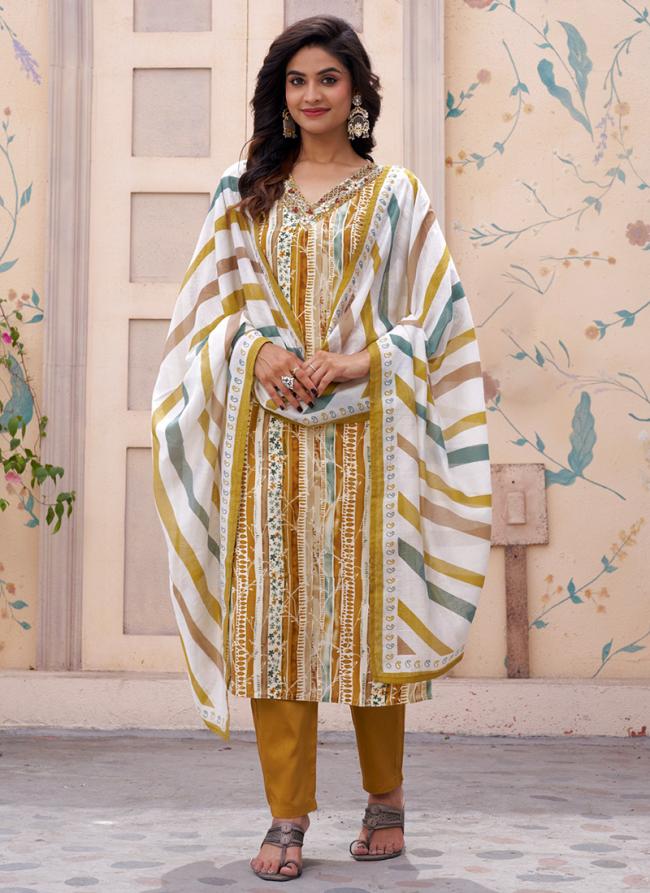 Pure Muslin Yellow Festival Wear Hand Work Kurti With Pant And Dupatta